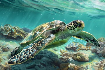 Obraz premium Beneath the surface, a green sea turtle swims calmly amidst colorful coral formations, highlighting the rich biodiversity of the ocean’s ecosystem.