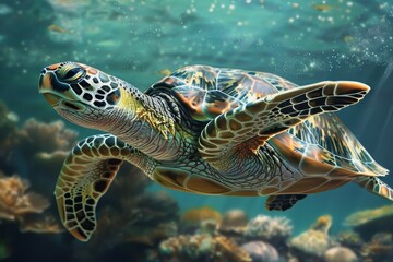 The sea turtle glides through clear blue waters, surrounded by a lively coral ecosystem. Sunlight filters down, illuminating the underwater world.