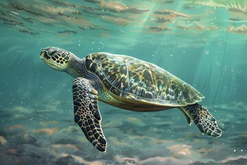 A green sea turtle glides effortlessly through crystal-clear ocean waters, displaying its intricate shell patterns while exploring the vibrant underwater environment.