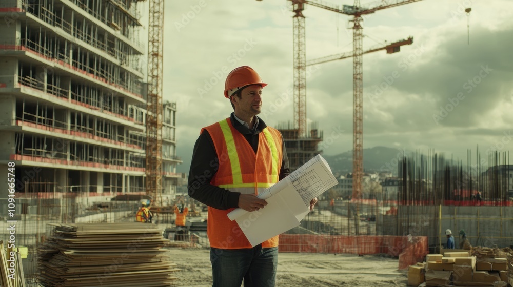 Poster Engineer stands confidently at a construction site, holding blueprints while overseeing the building progress under a cloudy sky. Generative AI