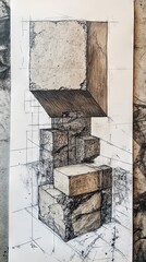 Abstract Geometric Shapes in Black and White Pencil Drawing