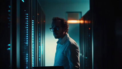 Fototapeta premium IT Professional Monitors Server Performance in a High-Tech Data Center at Night