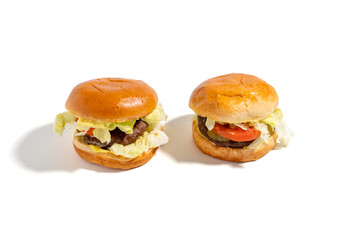 Two hamburgers with lettuce and tomato on them. One is on the left and the other is on the right