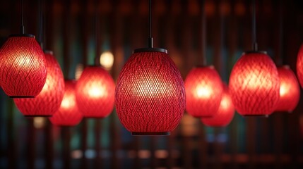 Red hanging lights in a pattern over a table. - Powered by Adobe