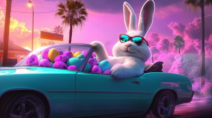 easter bunny sits in a convertible, drives cool, with sunglasses, and the car is full of eggs,  - generative ai