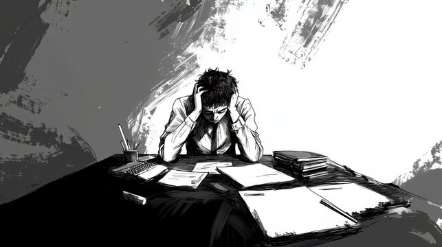 depressed office worker, black and white ink comic style - Generative AI
