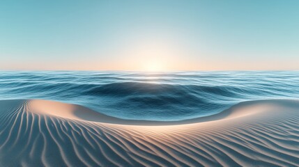 Sand dunes meet the ocean at sunrise.