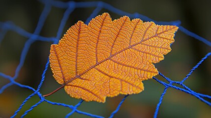 Autumn Leaf on Blue Netting Nature Photography
