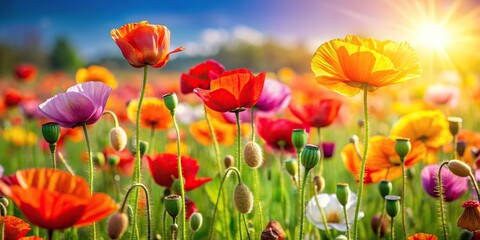 Fototapeta premium Colorful poppy flowers blooming in a green field on a sunny day, pink, blossoms, spring