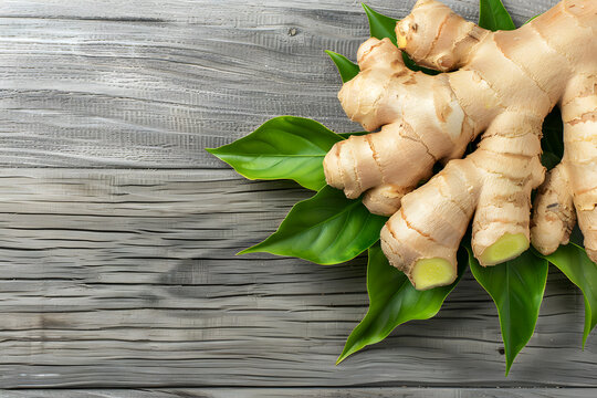 Fresh Ginger Roots with Green Leaves on Rustic Wooden Background Copy Space. Natural and Organic Concept for Food Blogs, Recipes, Health Websites, E-commerce, Packaging, Ads, Cookbooks, Social Media
