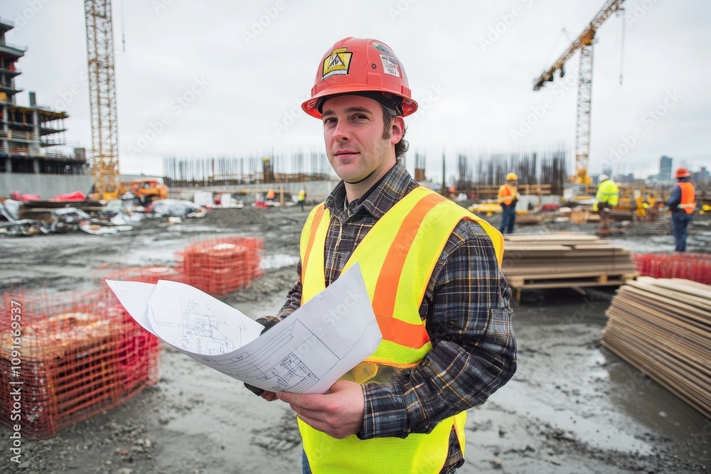 Leinwandbilder An engineer stands at a construction site, holding blueprints and monitoring project progress amidst workers and machinery. Generative AI
