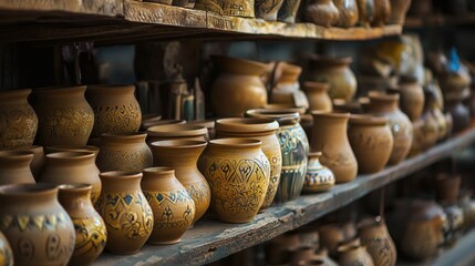 Fototapeta premium Handcrafted pottery collection on rustic wooden shelves