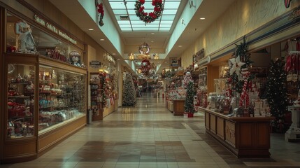 Festive Holiday Shopping Mall Corridor Decorated with Christmas Trees, Ornaments, and Colorful Lights, Capturing the Joy and Spirit of the Season
