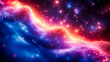 A cosmic abstract inspired by galaxies, blending vivid purples, blues, and pinks with starry elements and sharp glowing details.