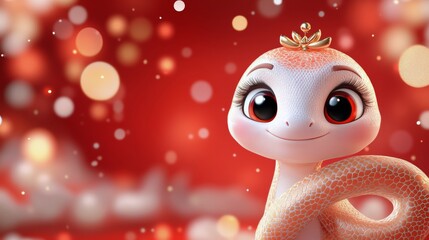 Charming cartoon snake with big eyes and a crown in a cherry blossom setting
