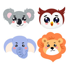 set of adorable head animal design. tropical animal. . hippo, cow, lion, tiger, duck, monkey, bear, elephant,dog, cat, puppy,owl,