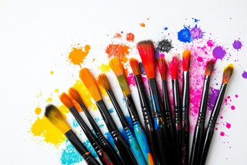 Obraz premium Vibrant collection of paintbrushes resting on a colorful splash of paint in an artist\'s studio filled with creativity and inspiration