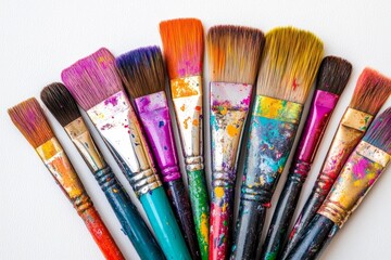 Obraz premium Colorful paintbrushes lined up, showcasing vibrant hues and artistic wear in a creative space filled with imagination and inspiration