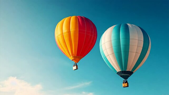 Hot Air Balloon Adventure: Two vibrant hot air balloons drift against a clear blue sky, symbolizing freedom, adventure, and the joy of travel.
