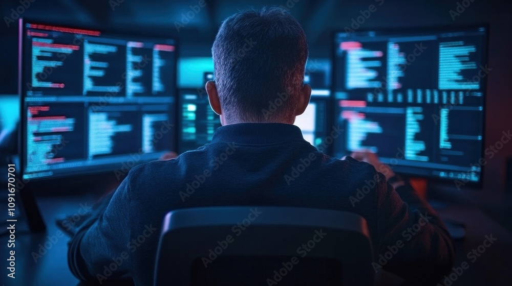 Poster in a dark workspace, an individual is seated in front of multiple monitors, engrossed in coding and 