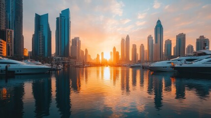 Obraz premium Dubai Marina Skyline Sunset Reflection Yachts