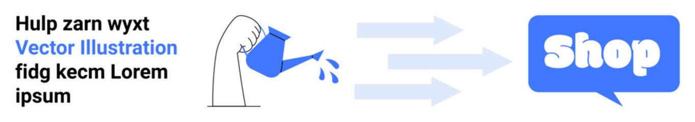 Hand pouring water from a watering can onto a plant with three arrows pointing to a Shop button. Ideal for growth, ecommerce, nurturing, online shopping, customer acquisition. Banner for landing page