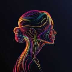the silhouette of a person, filled with colorfull lines, and these are getting together to the inside of the head, on a black background  - generative ai
