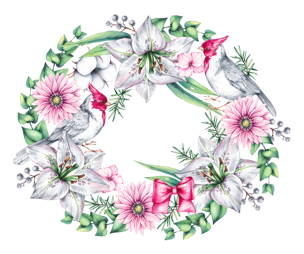 Watercolor botanical wreath with flowers. Hand drawn wreath. Floral wreath for designing cards, wedding invitations, packaging, etc. Flower frame