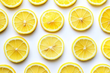 Fototapeta premium Bright and vibrant lemon slices arranged in a captivating pattern on a smooth white backdrop creating a fresh, sunny atmosphere ideal for summer recipes and drinks