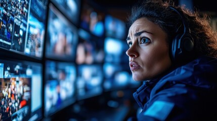 An intense portrait of a woman focused on her work, surrounded by multiple screens displaying information, reflecting the busy and dynamic nature of modern media environments.