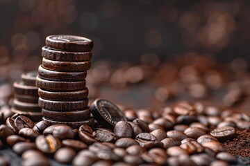 A collection of coins is neatly stacked on roasted coffee beans, showcasing a blend of currency and coffee culture against a dark background that enhances the textures.