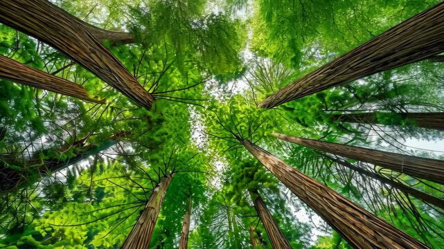 A low angle view of tall redwood trees reaching towards the sky, with their foliage creating a dense canopy overhead, Towering redwoods stretching towards the sky in a dense forest