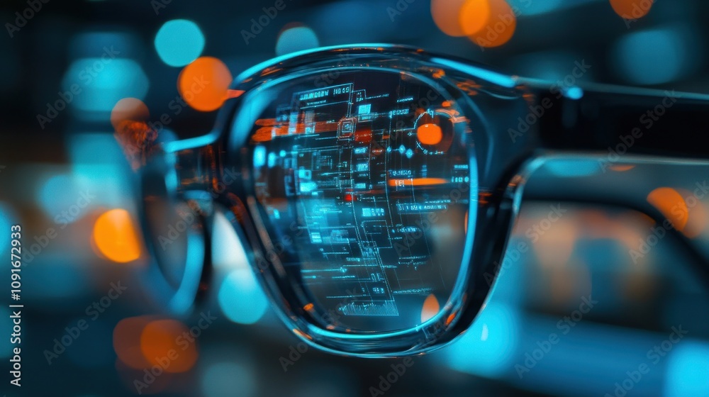 Poster futuristic glasses displaying digital information with abstract bokeh background and high-tech data 