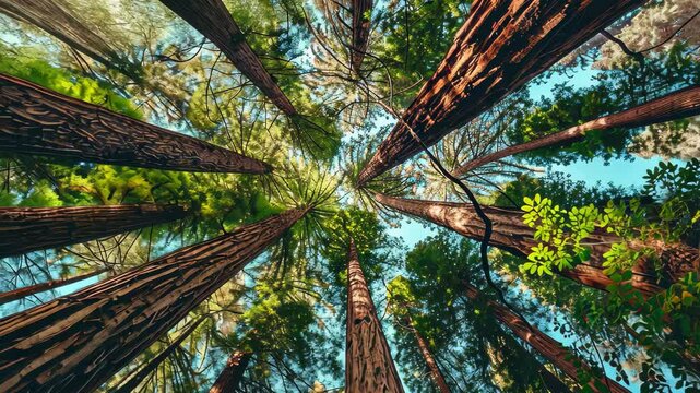An upward view of towering redwood trees reaching for the sky in a California forest, Towering redwoods stretching towards the sky in a dense forest