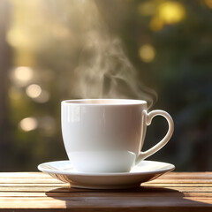 Fototapeta premium A white ceramic coffee cup with thin steam visible, sits on a light wooden table