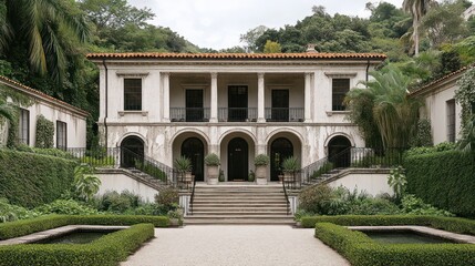 Fototapeta premium White stucco house with a staircase and landscaping.