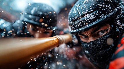 A fierce martial arts confrontation unfolds between two warriors wielding sticks, highlighted by the tension and intensity of the moment, showcasing skill and commitment to the craft.