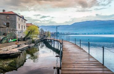 Ohrid Boardwalk, a lakeside boardwalk that leads from Ohrid's Old Town to Samuel's Fortress along a lakeside path. In North Macedonia.