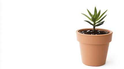 Fototapeta premium A close-up of a small plant in a pot, centered on a white background, no shadow present
