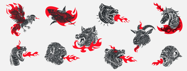 Hand drawn illustration animals and birds with red flames in retro vintage style. Set vector silhouette character for tattoo, mascot. Rooster, shark, dog, goat, unicorn, boar, snake, monkey, bear.