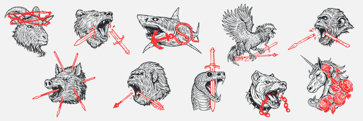 Rooster, shark, dog, goat, unicorn, boar, snake, monkey, bear. Hand drawn illustration animals with red elements isolated white background. Set silhouette character for tattoo, mascot. Vector art.