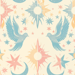 Fototapeta premium This dreamy celestial pattern features delicate doves, and astral motifs in an elegant, endless design. The aesthetic conveys serenity and a mystical sense of flight
