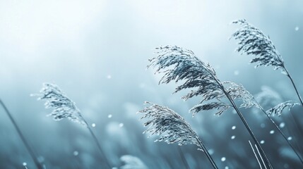 Frosty reeds swaying gently in a misty dawn.