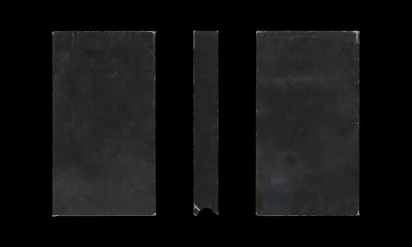 composition of Old VHS video cassette cover box png isolated with clear area for mockup on black background in retro Y2K style
