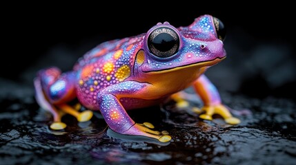 Naklejka premium A vibrant, colorful frog with large eyes, showcasing intricate patterns on its skin.