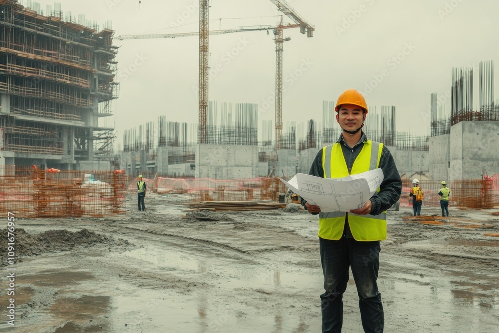Aufkleber An engineer in safety gear examines blueprints at a construction site surrounded by cranes and workers, ensuring project completion. Generative AI