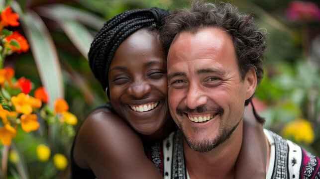 Engulfed in laughter and joy, a couple hugs tightly in a lush garden filled with colorful flowers, capturing a moment of affection and happiness together