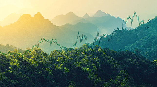 Image of multiple graphs over stream in forest against clear sky. Digital composite, multiple exposure, report, finance, business, database, forest, river and nature concept.