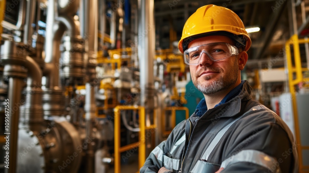 Poster a professional engineer stands with arms crossed in an industrial factory, wearing safety gear and o