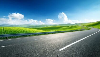 asphalt road and green fields nature landscape in spring season